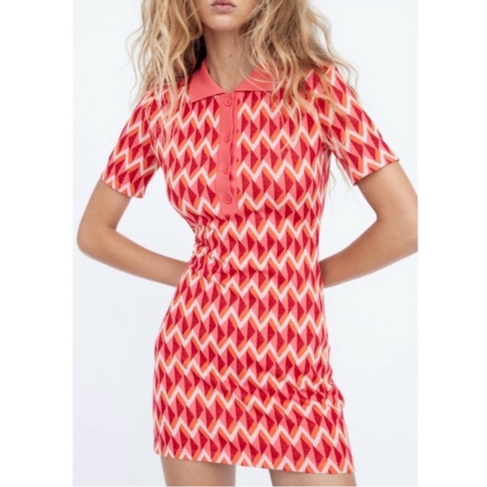 Zara Jacquard Printed Mod Button-Up Knit Collared Polo Dress